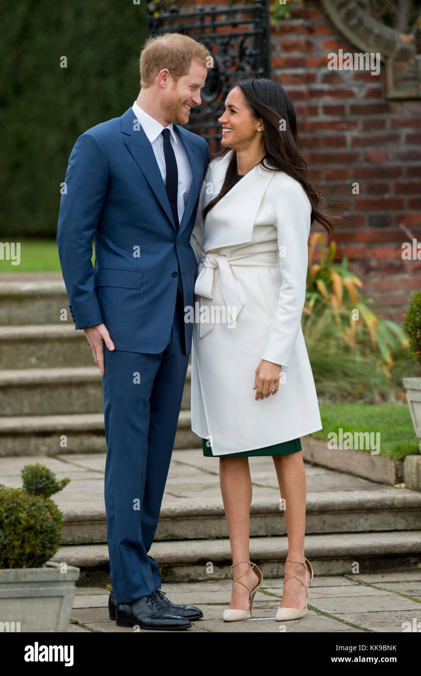 Kensington Palace announce the engagement of Prince Harry Wales to U.S. Actress Meghan Markle in the water garden of Kensington Palace in London. Stock Photo