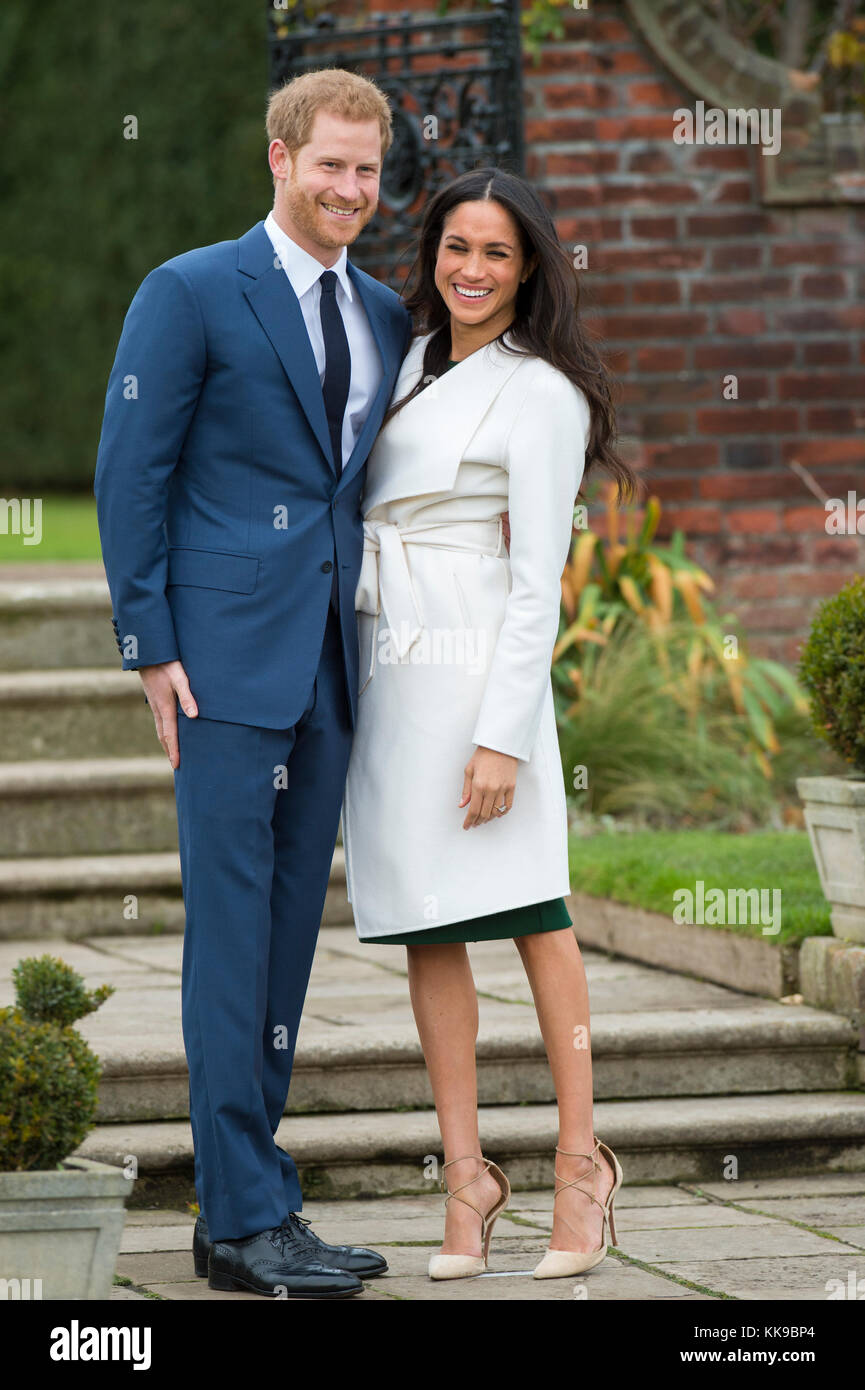 Kensington Palace announce the engagement of Prince Harry Wales to U.S. Actress Meghan Markle in the water garden of Kensington Palace in London. Stock Photo