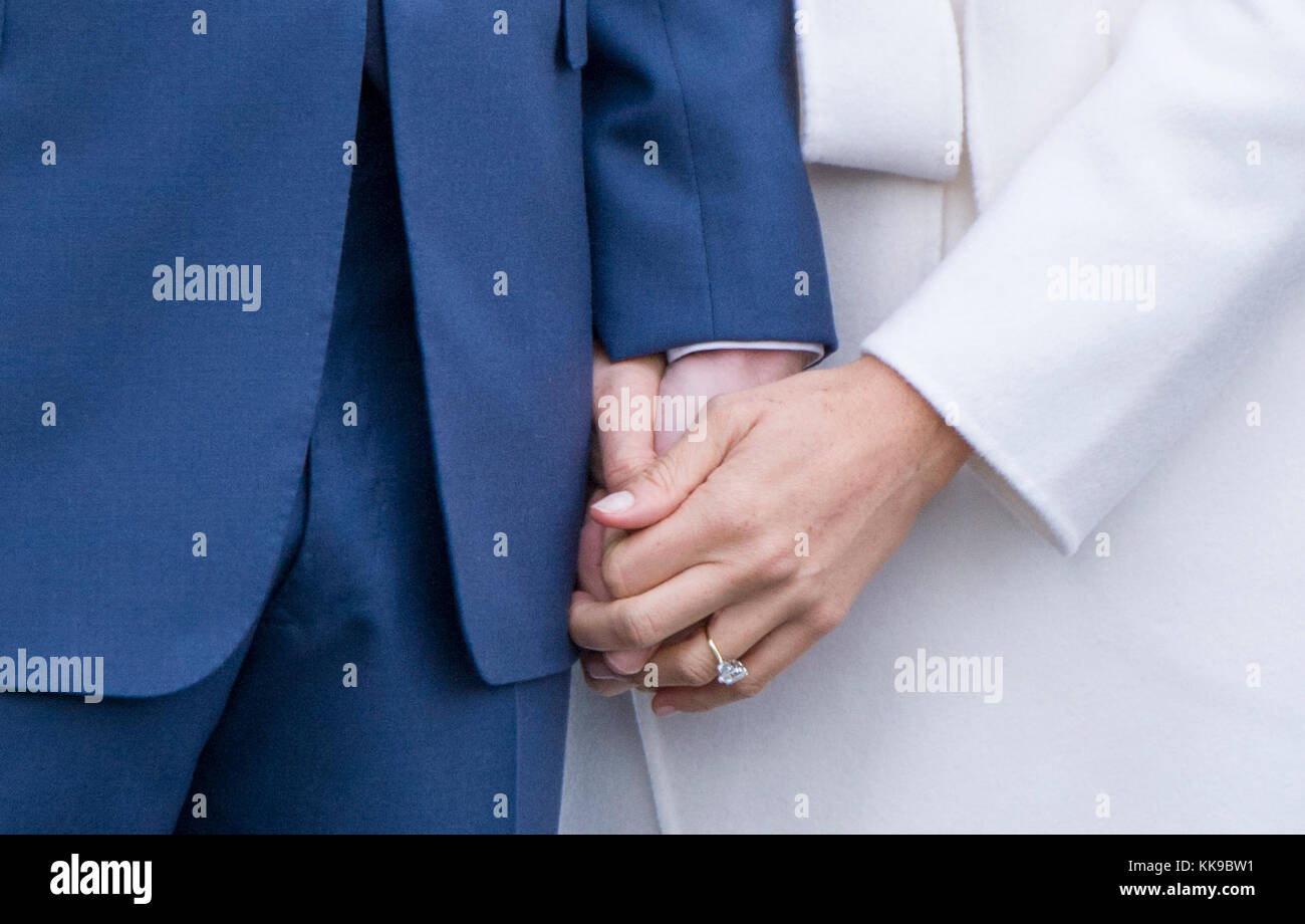 Kensington Palace announce the engagement of Prince Harry Wales to U.S. Actress Meghan Markle in the water garden of Kensington Palace in London. Stock Photo