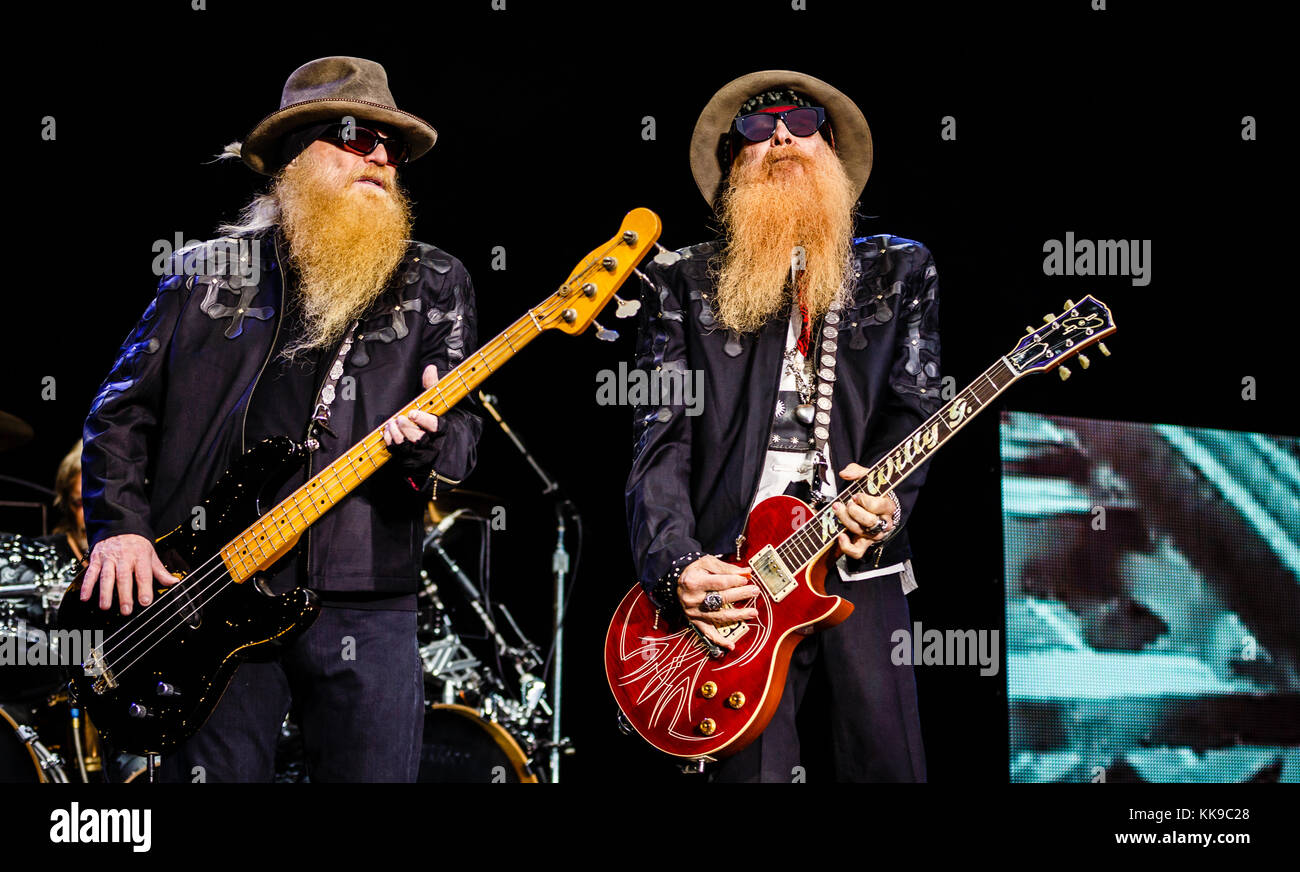 The American rock band ZZ Top performs a live concert at the Norwegian music festival Bergenfest 2014. The trio consists of Billy Gibbons (R), Dusty Hill (L) and Frank Beard. Norway, 11/06 2014. Stock Photo