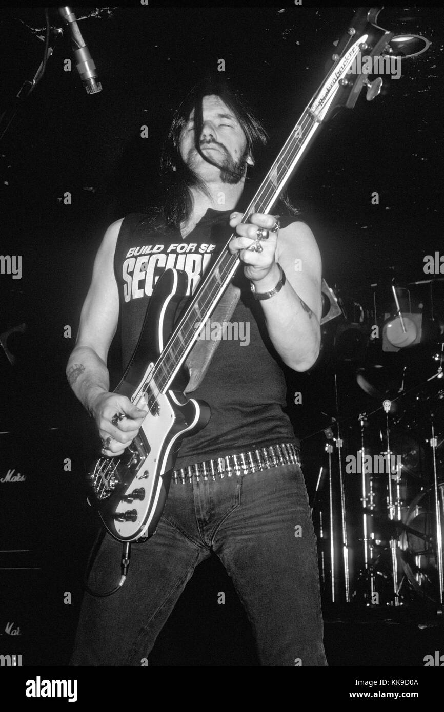 LONG ISLAND, NY MARCH 4,1988: Ian Fraser 'Lemmy' Kilmister of Motorhead performs at Sundance on March 4, 1988 in Long Island, New York.  People:  Lemmy Kilmister  T Stock Photo