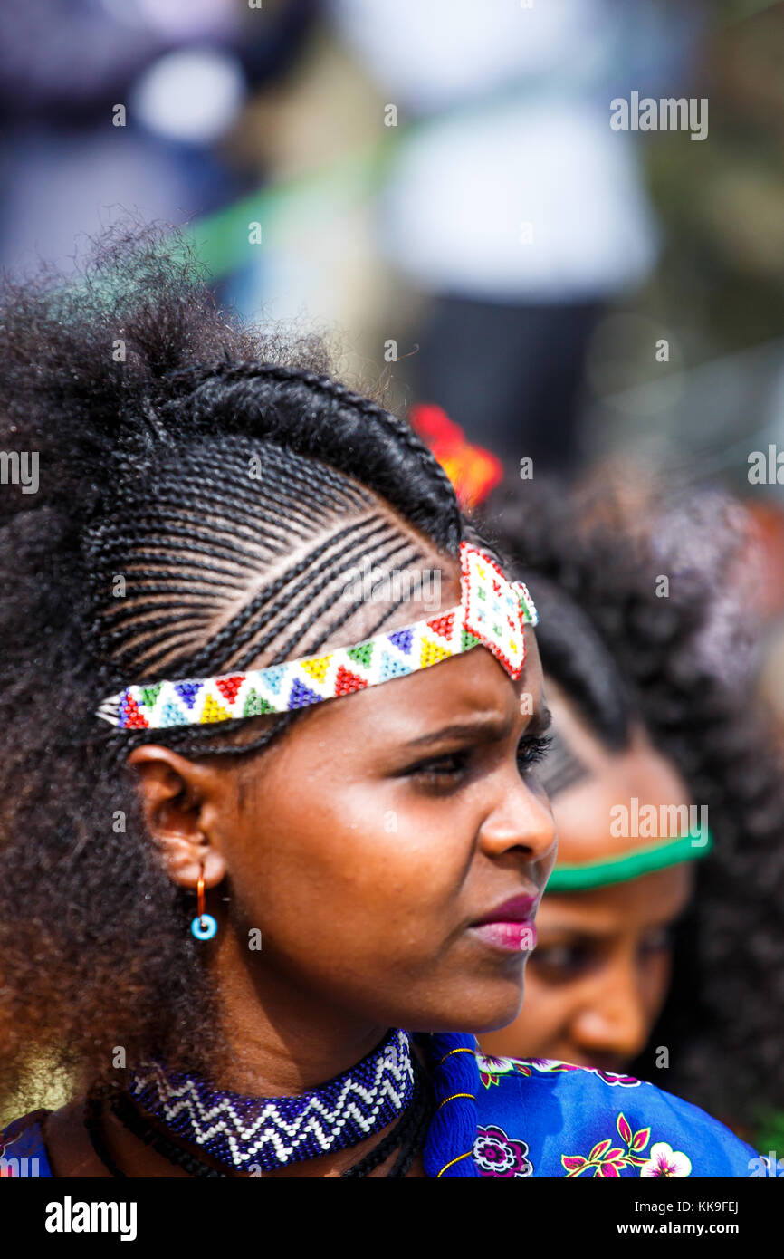 Young girl with Tigray style traditional braided hair and hairband during Ashenda Festival, Mekele, Ethiopia. Stock Photo