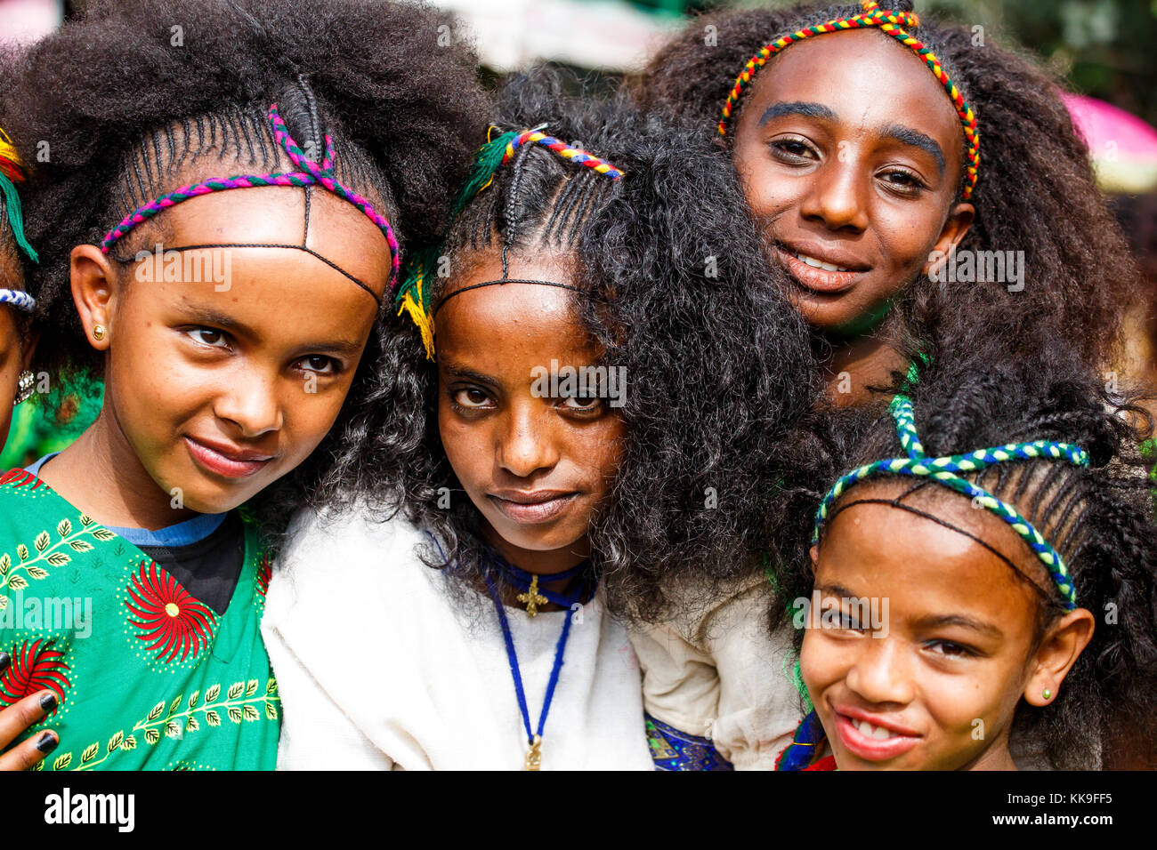 Girls at the Ashenda festival, dressed in traditional clothes and wearing Tigray style braided hair. Stock Photo