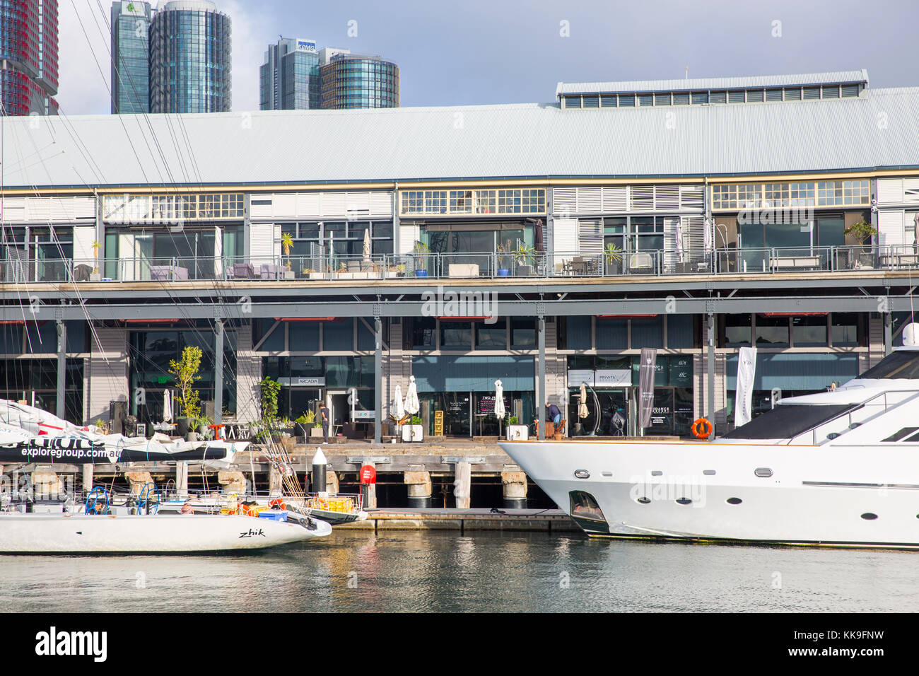 Jones Bay wharf in Pyrmont Sydney , refurbished wharf home to small businesses and cafes and restaurants,Sydney,Australia Stock Photo