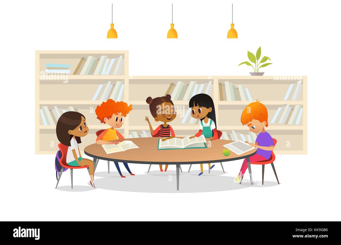 Group of children sitting around table at school library and listening to girl reading book out loud against bookcase or shelving on background. Cartoon vector illustration for banner, poster. Stock Vector
