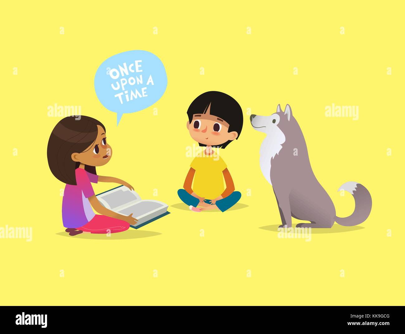 Cute little girl sits on floor and tells fairytale to her friend and pet dog. Kids reading fairy tales book. Concept of educational activity for children. Cartoon vector illustration for poster. Stock Vector