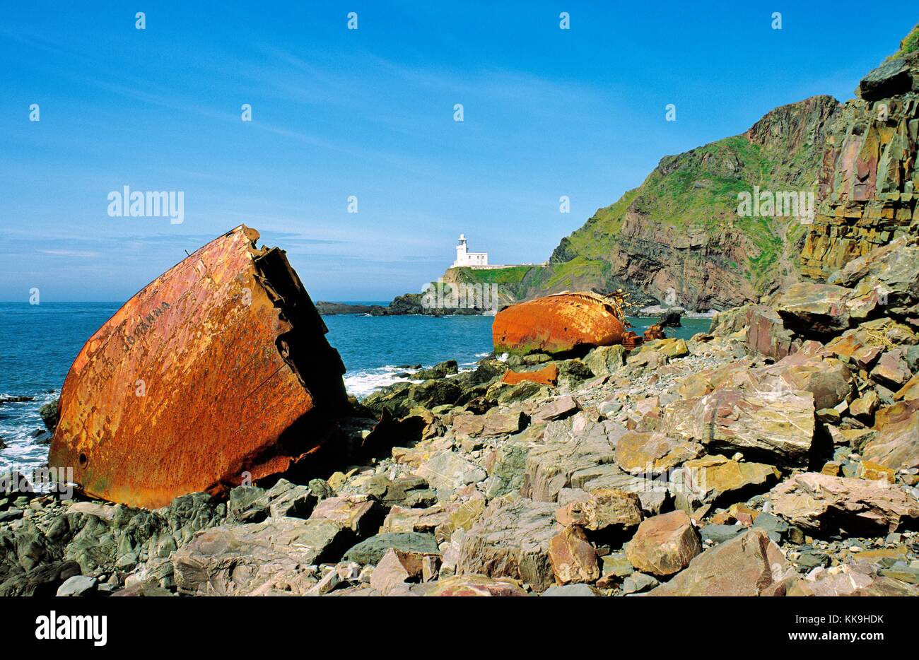 The broken wreck of Dutch coaster Johanna which ran aground beside Hartland Point lighthouse 31 December 1982. North Devon, UK Stock Photo