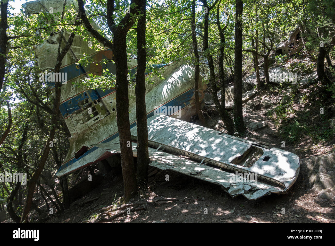 Firefighter DC-6 airplane wreckage.Crashed 19/07/1986 fighting a big fire near Requesens.Catalonia.Spain.The 4 french crew members died Stock Photo