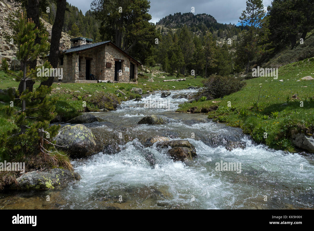 Riu dels Orris mountain shelter.Madriu valley.Pyrenees.Andorra Stock Photo