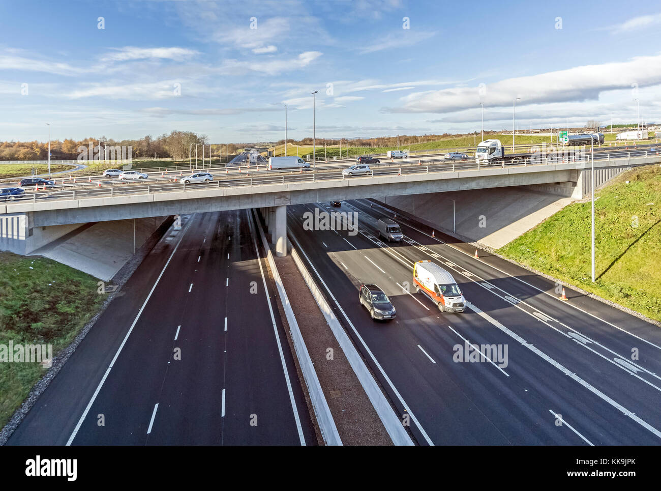 Shawhead Junction on Motorway M8 near Coatbridge Lanarkshire Scotland uk with A725 crossing M8 below Stock Photo