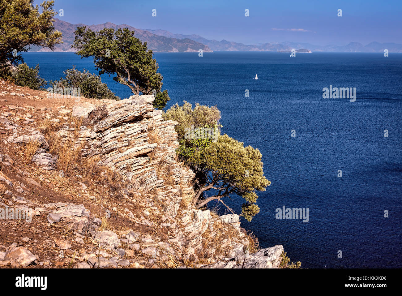 Agean vista from Amos Antique City, Turunc, Bozburun peninsula under clear blue skies, Turunc area, Marmaris, Mugla, Turkey Stock Photo