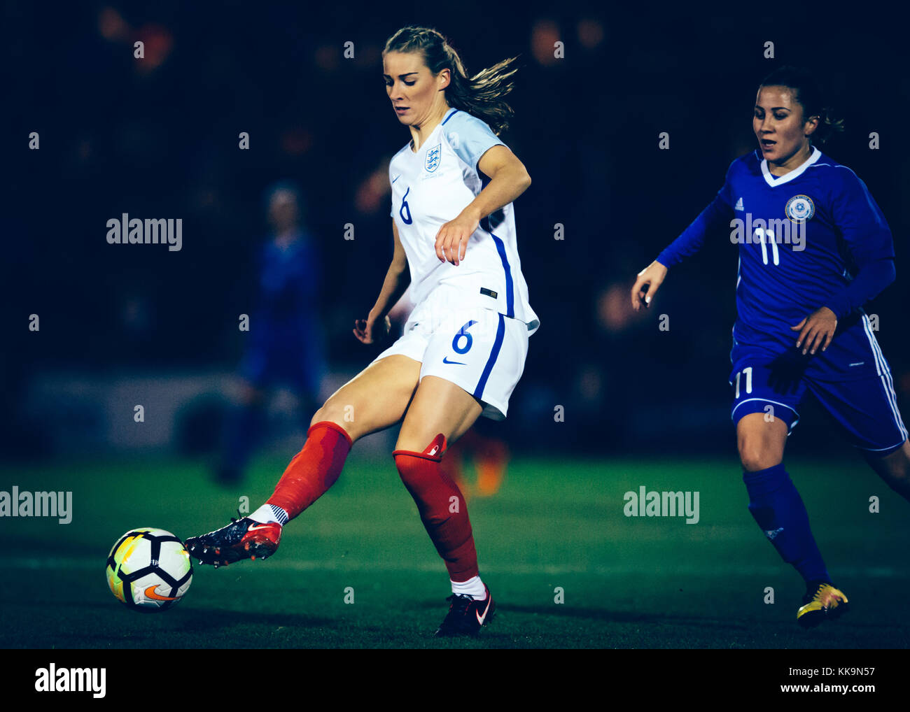 COLCHESTER, ENGLAND - NOVEMBER 28: Gemma Bonner in action for England during the FIFA 2019 Women's World Cup Qualifier against Kazakhstan. Stock Photo