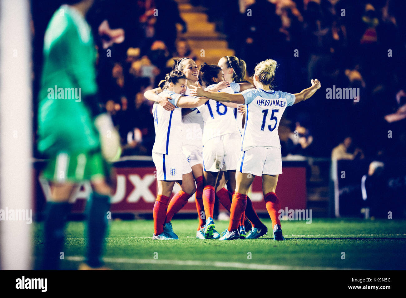 COLCHESTER, ENGLAND - NOVEMBER 28: England celebrate during the FIFA 2019 Women's World Cup Qualifier against Kazakhstan. Stock Photo