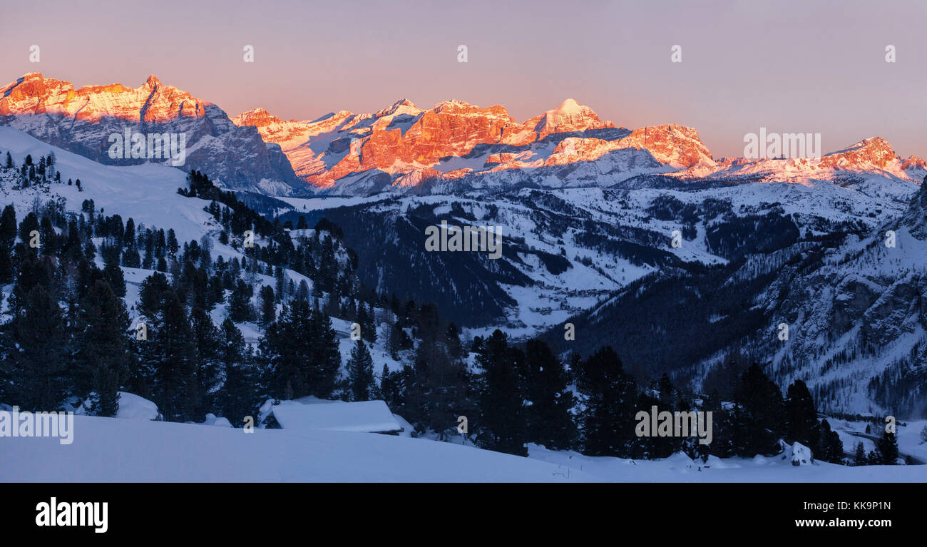 panorama of sunset over Dolomites Fanis, South Tyrol, Italy Stock Photo