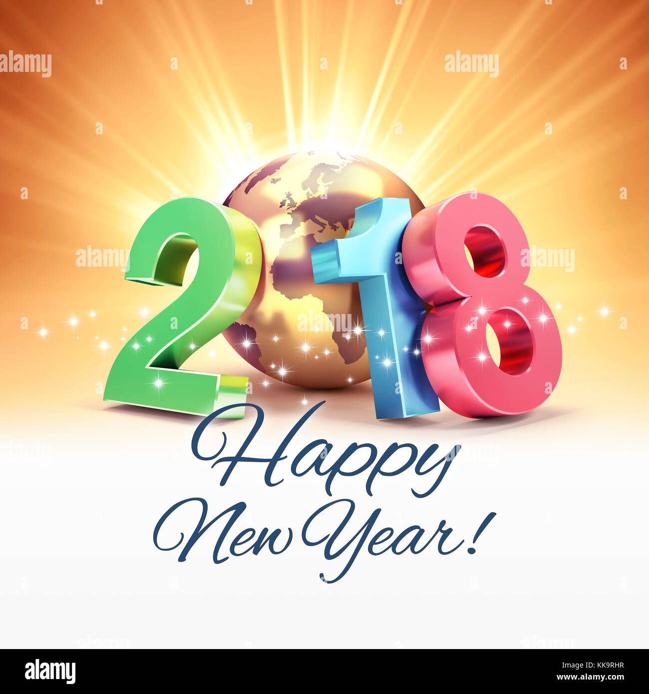Greetings and colorful New Year date 2018, composed with a gold planet earth, on a sunny background - 3D illustration Stock Photo