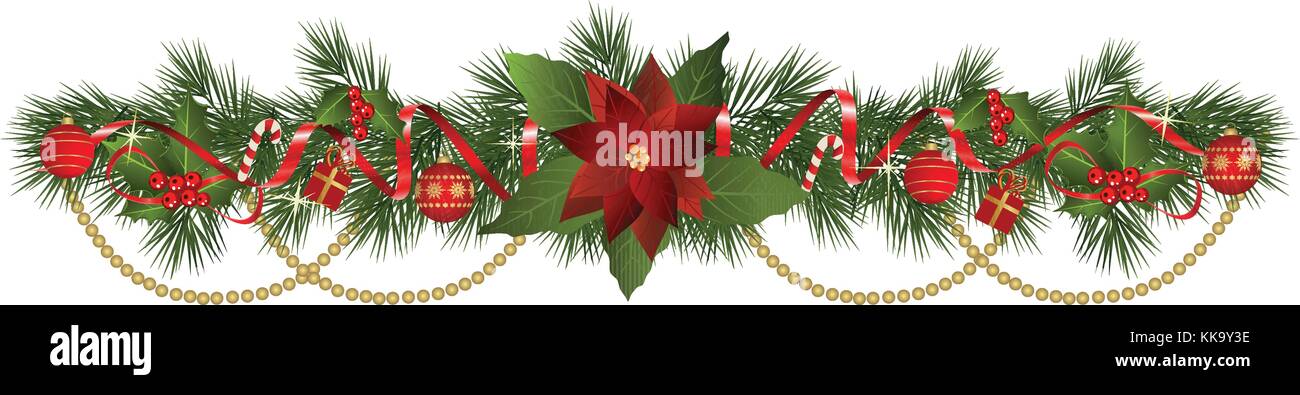 Christmas garland with fir branches and decorative elements. Christmas border with berry and ribbon. Stock Vector