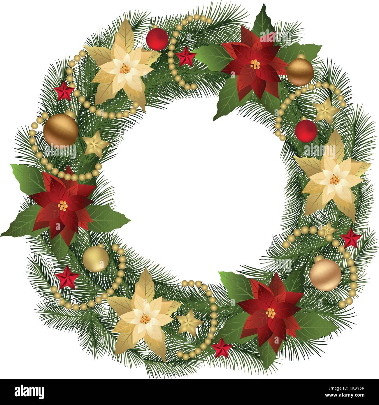 Christmas Wreath with fir branches and decorative elements. Stock Vector