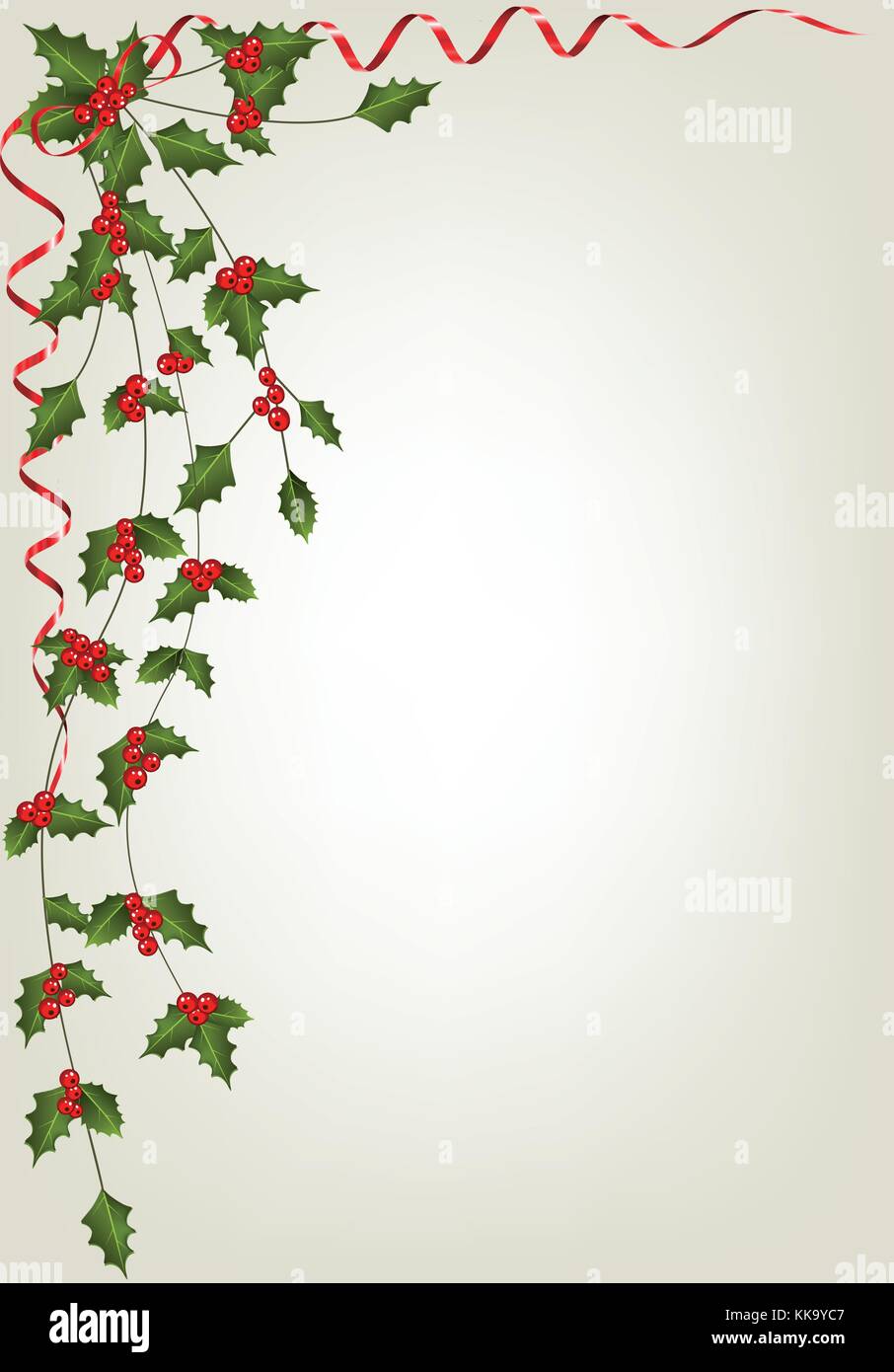 Holly Christmas Background with berries and red ribbon Stock Vector