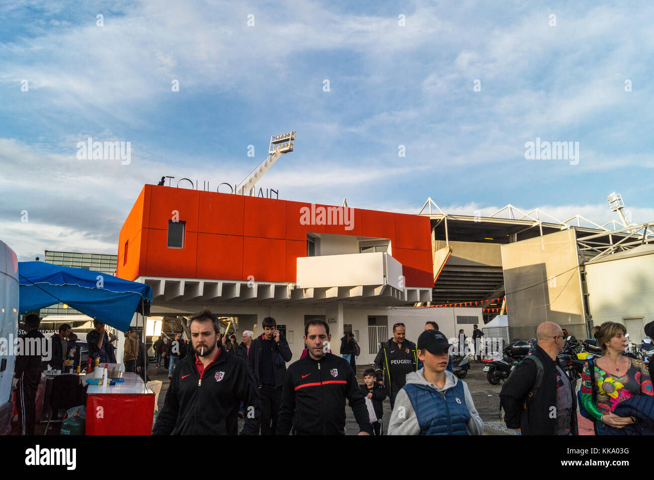 Spectators leaving a rugby match, Ernest Wallon stadium, home ground of Stade Toulousain rugby union team, Toulouse, Haute-Garonne, Occitanie, France Stock Photo