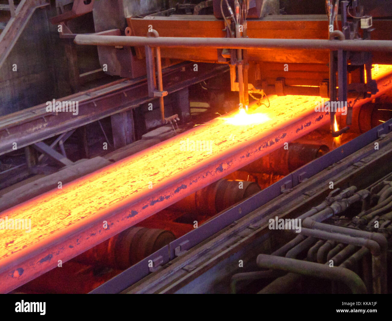Continuous casting machine with blow torch working Stock Photo