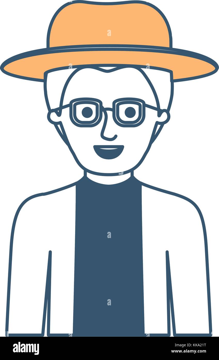 Man Half Body With Hat And Glasses And Jacket With Short Hair In