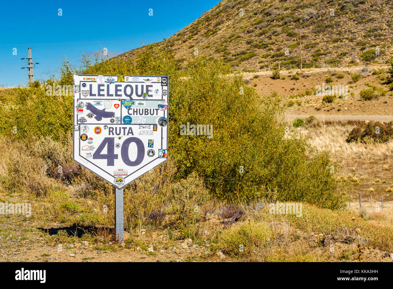 Route signpost at andean landscape scene at Chubut province, Argentina territory Stock Photo