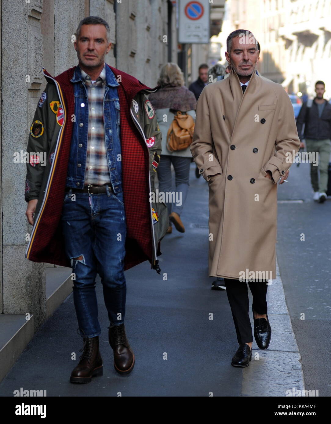 DSQUARED 2 fashion designers, Dean and Dan Caten spotted walking through  downtown Milan Featuring: Dean Caten, Dan Caten Where: Milan, Italy When:  28 Oct 2017 Credit: IPA/WENN.com **Only available for publication in