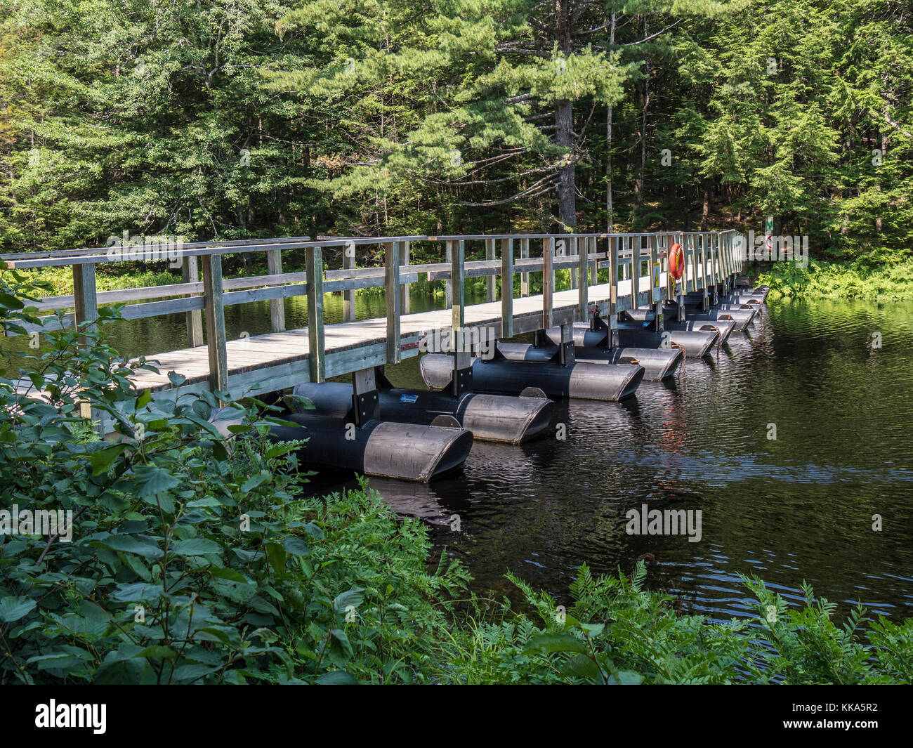 Floating bridge across the Mersey River, Kejimkujik National Park, Nova Scotia, Canada. Stock Photo