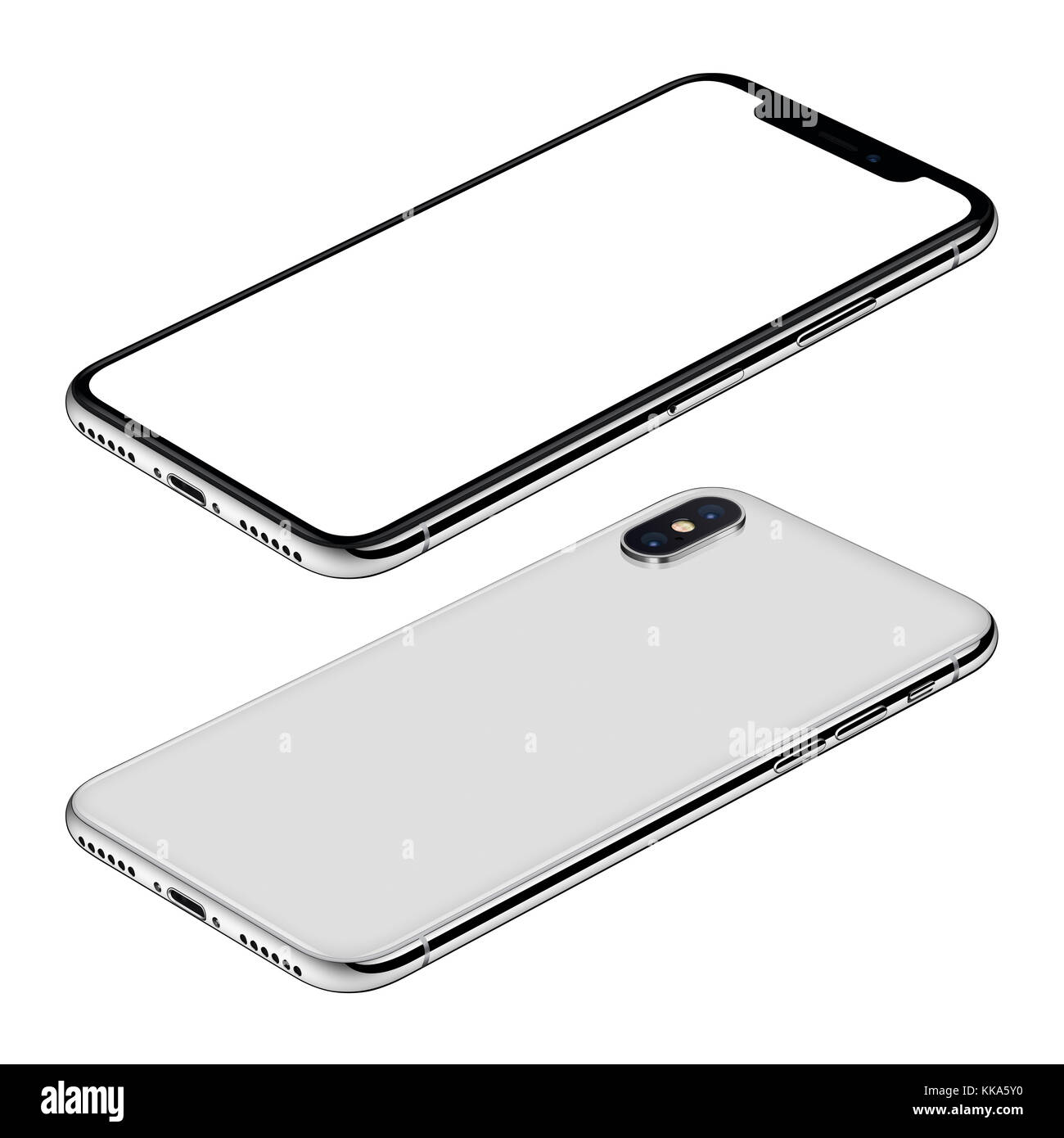 White smartphone mockup similar to iPhone X front and back sides isometric view CW rotated lies on surface. Stock Photo