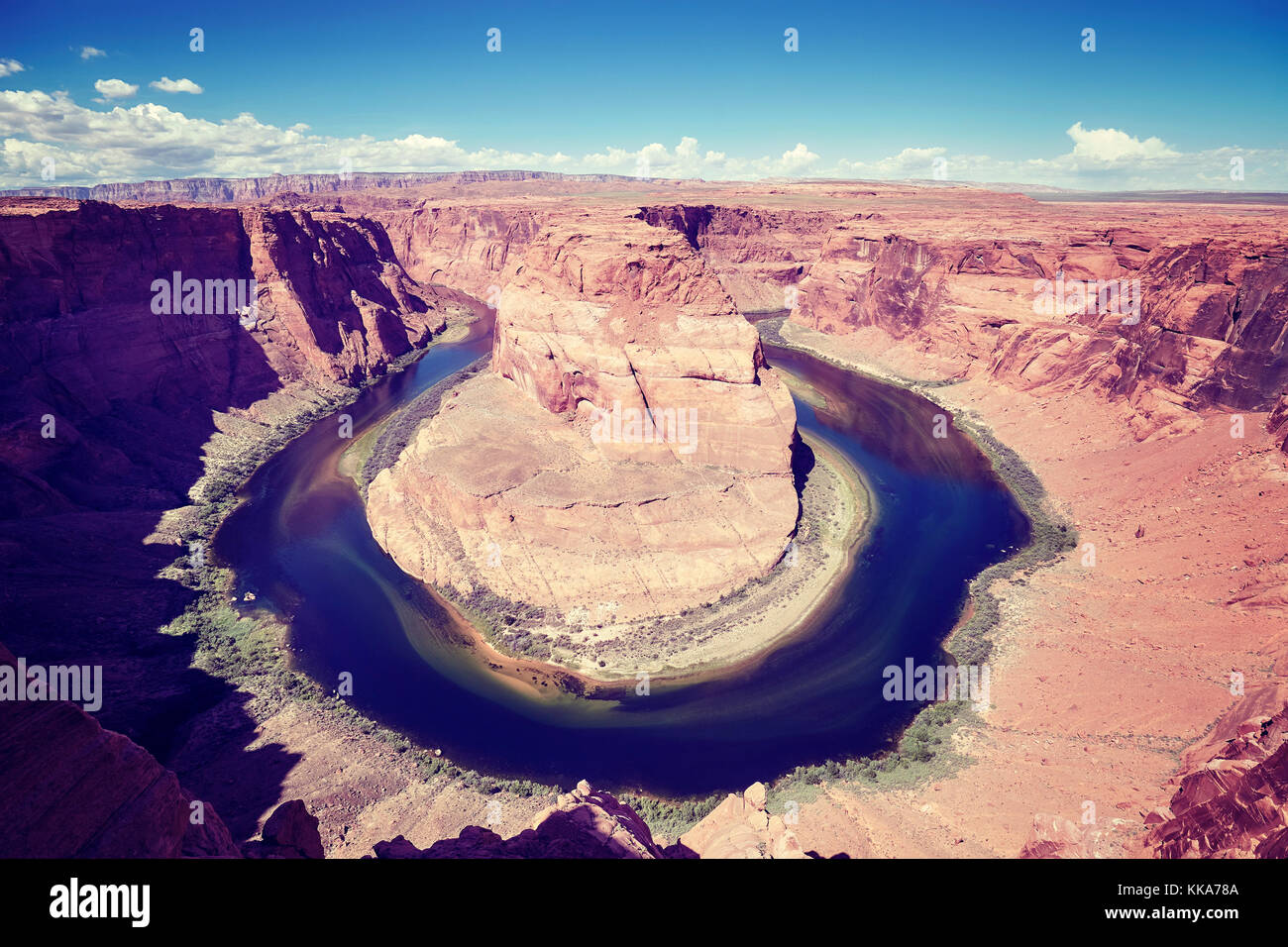 Wide angle picture of the Horseshoe Bend and Colorado River, color toned picture, Arizona, USA. Stock Photo