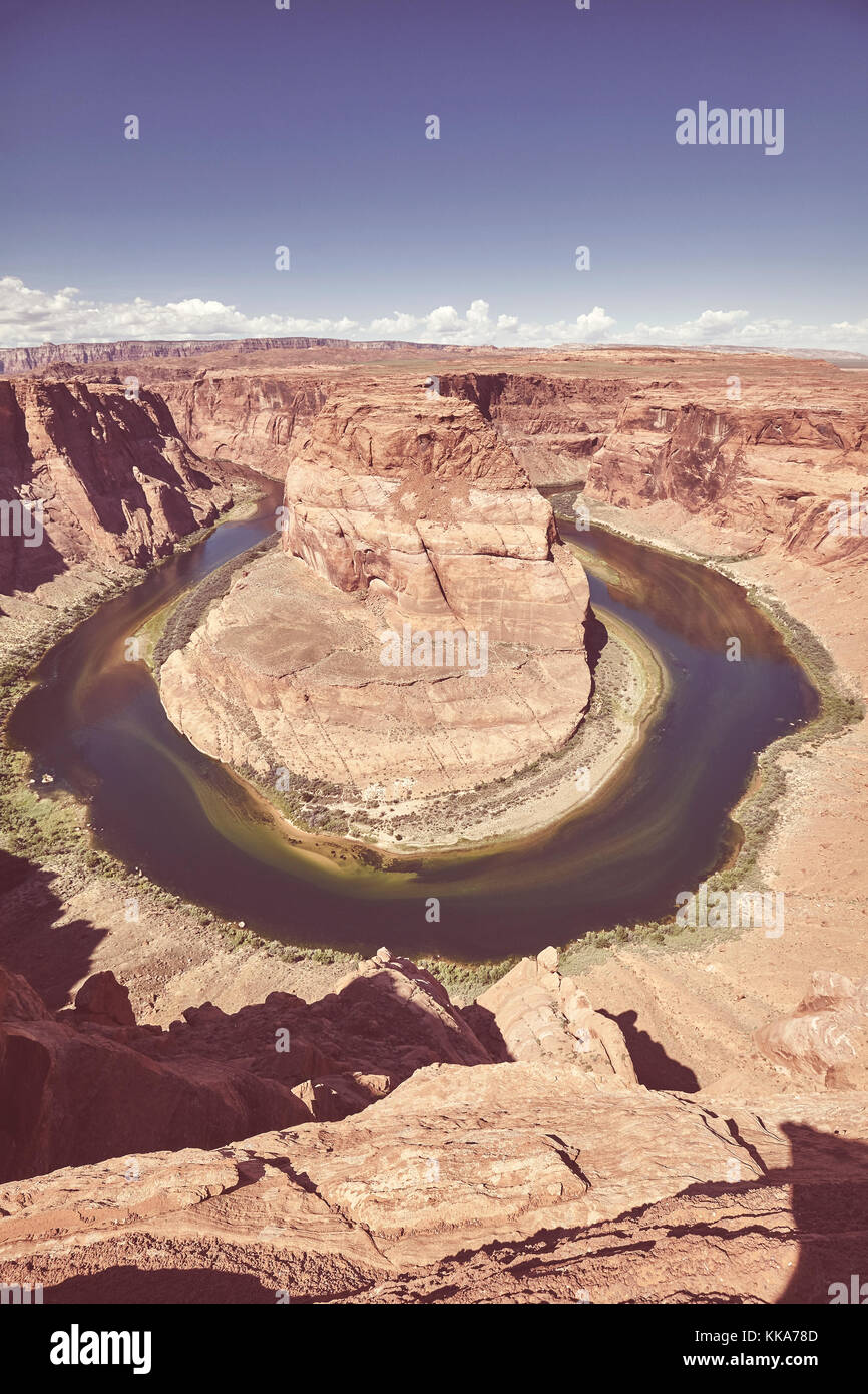 Wide angle picture of the Horseshoe Bend and Colorado River, color toned picture, Arizona, USA. Stock Photo