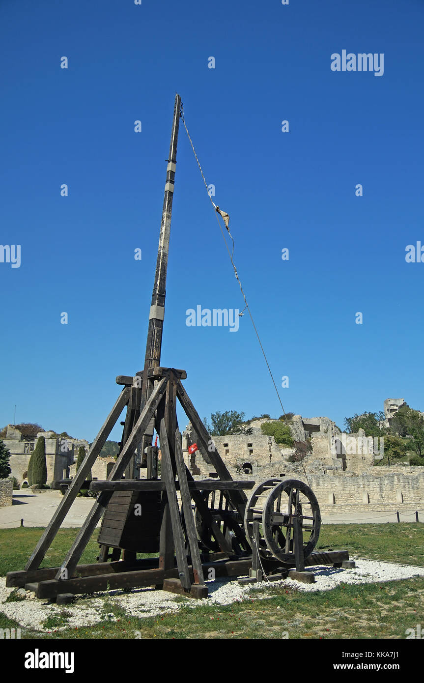 Middle age Trebuchet used as medieval siege engine against the castle Les Baux de Provence Stock Photo
