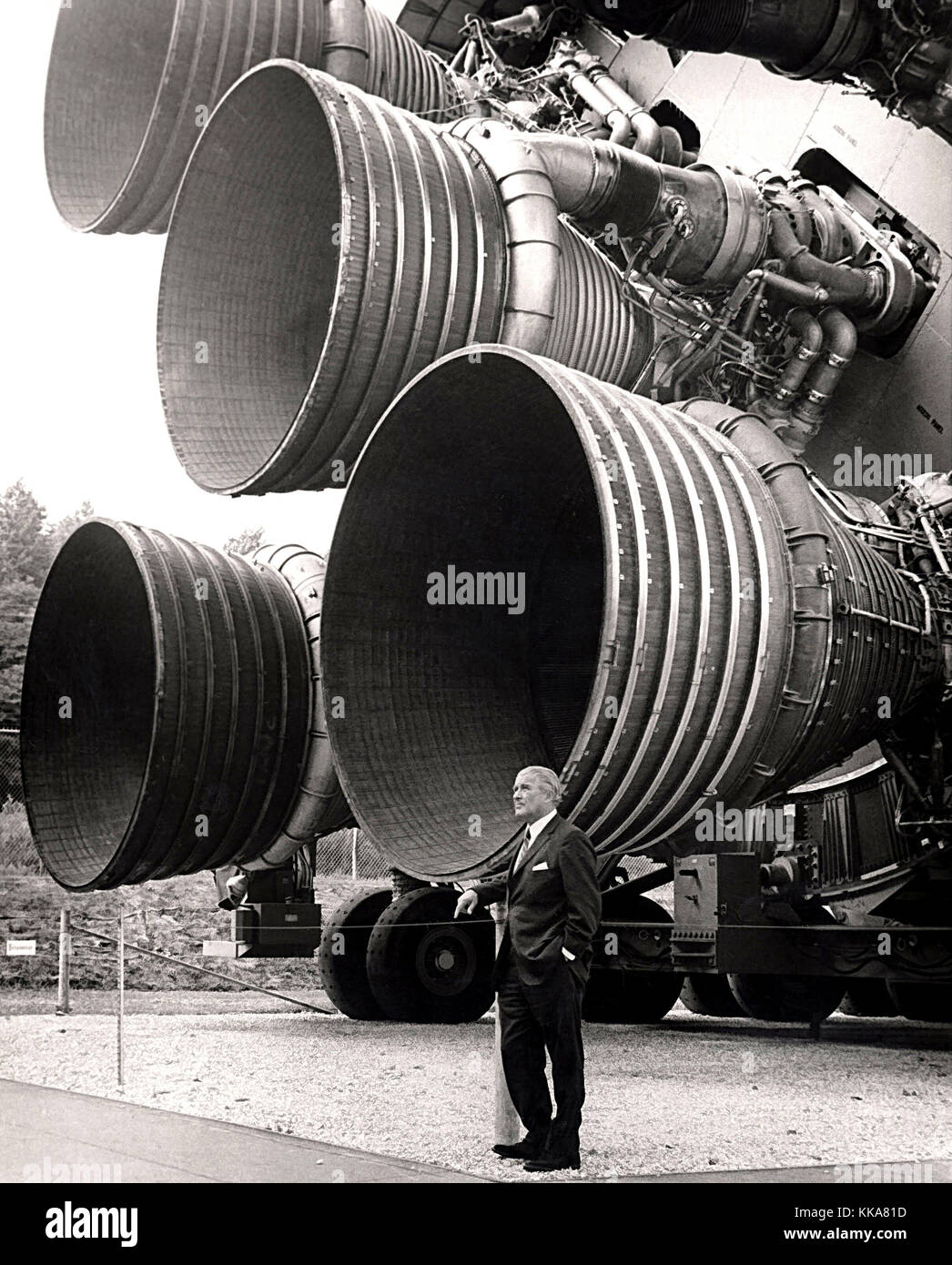 Von Braun with the F-1 engines of the Saturn V first stage at the U.S. Space and Rocket Centre. Dr. von Braun. Wernher Magnus Maximilian Freiherr von Braun, Dr. Wernher von Braun, German, later American, aerospace engineer and space architect credited with inventing the V-2 rocket for Nazi Germany and the Saturn V for the United States Stock Photo
