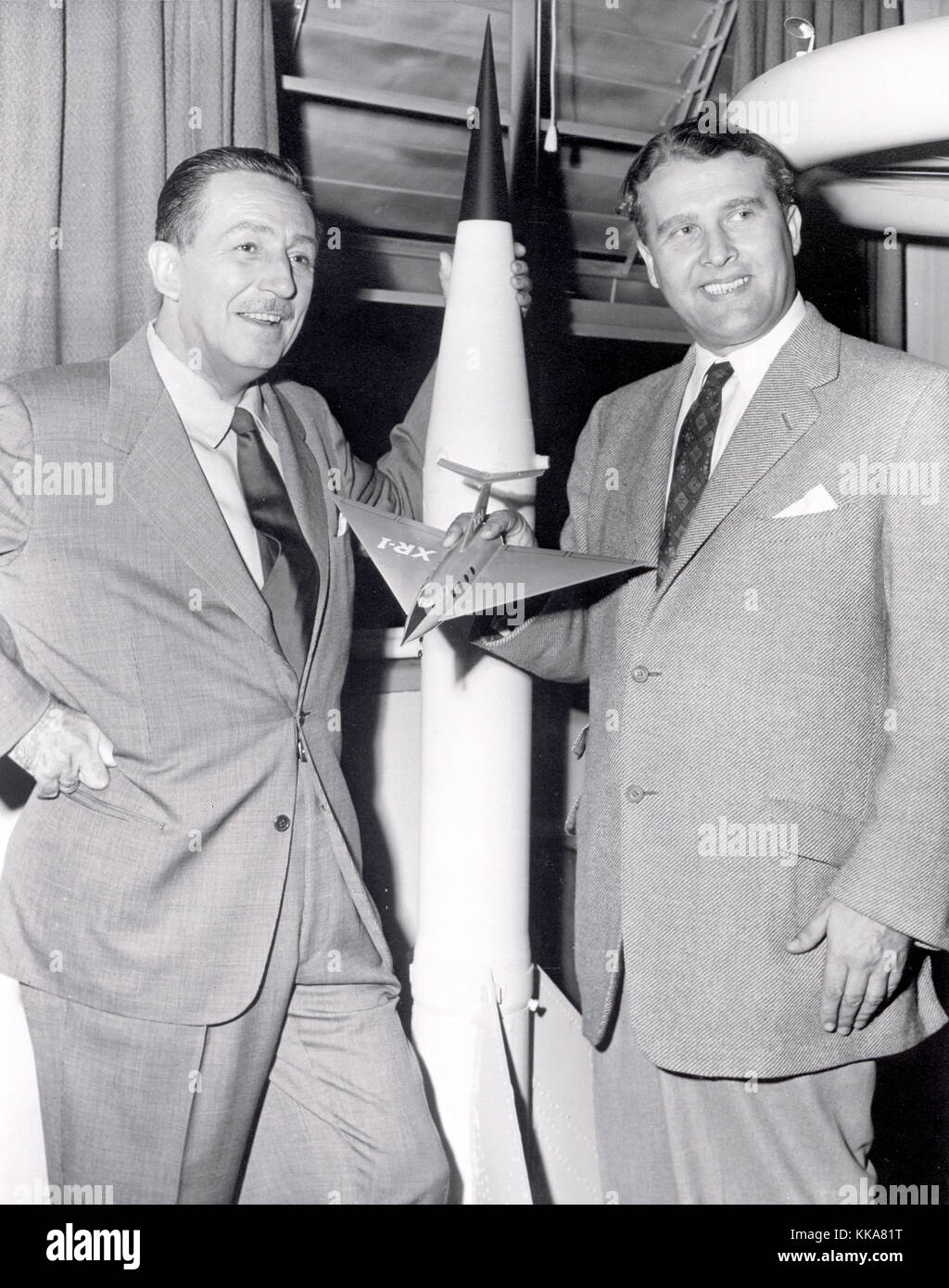 Walt Disney, left and von Braun. Wernher Magnus Maximilian Freiherr von Braun, Dr. Wernher von Braun, German, later American, aerospace engineer and space architect credited with inventing the V-2 rocket for Nazi Germany and the Saturn V for the United States Stock Photo