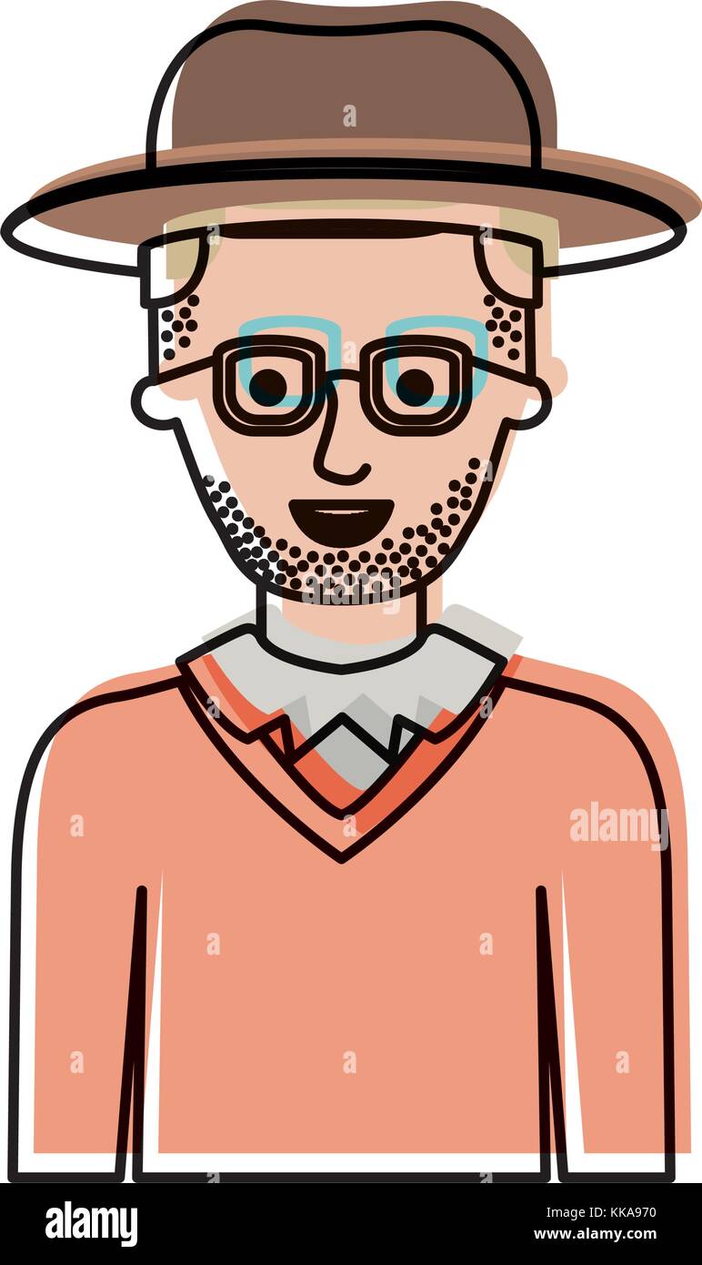Man Half Body With Hat And Glasses And Sweater With Short Hair And
