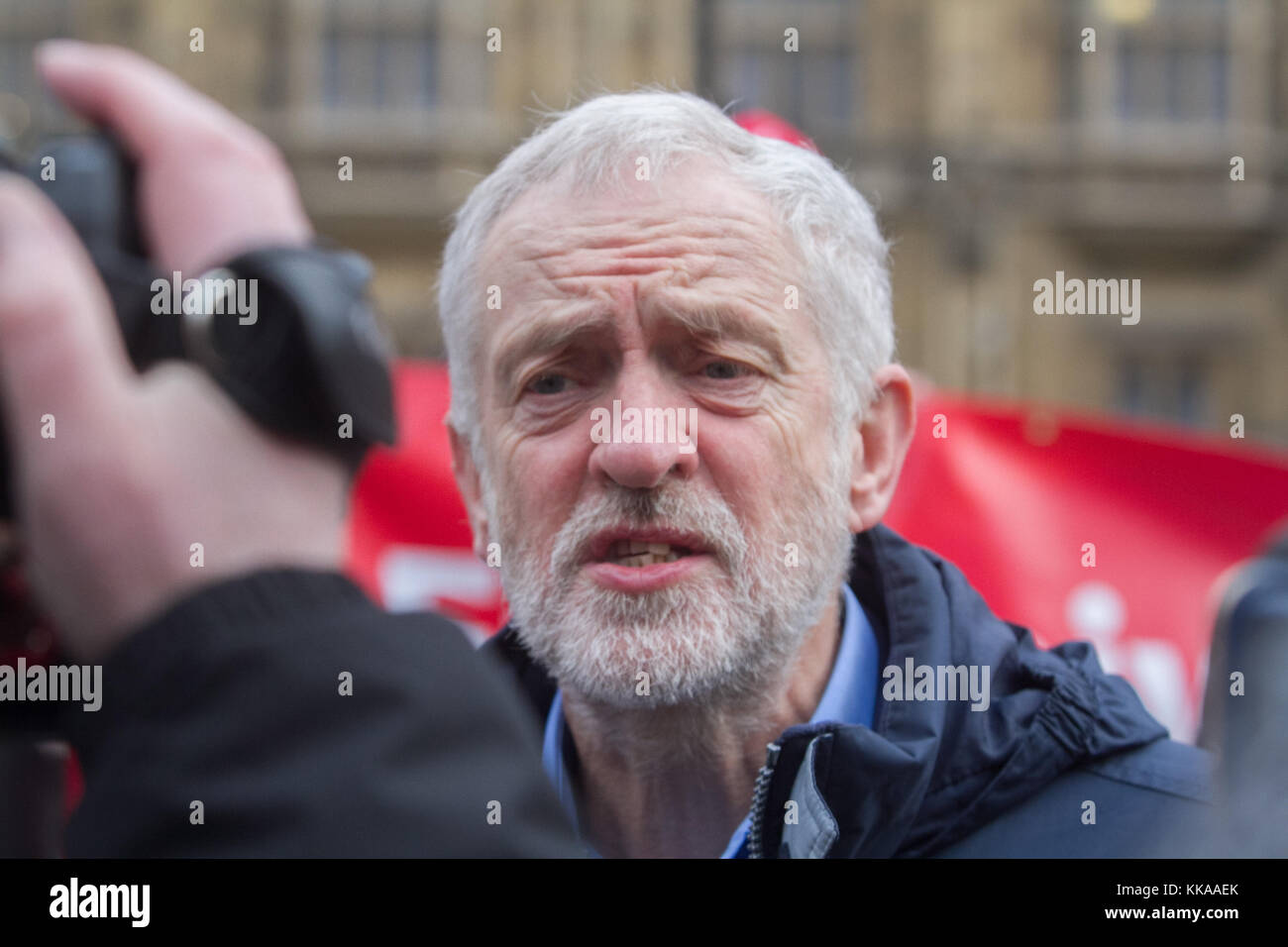London, UK. 29th Nov, 2017. British Labour party leader Jeremy Corbyn attends a rally organized by Unite Union outside Parliament against universal credit changes introduced by the government which will replace other benefits with a single mostly payment. Universal Credit was introduced in 2013 to replace six means-tested benefits and tax credits: income based Jobseeker's Allowance, Housing Benefit, Working Tax Credit, Child Tax Credit, income based Employment and Support Allowance and Income Support Credit: amer ghazzal/Alamy Live News Stock Photo