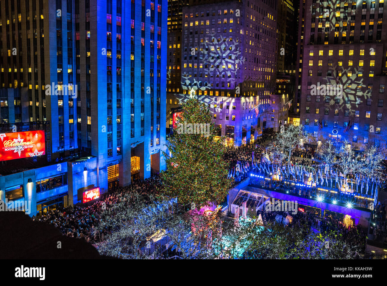 New York, USA. 29th Nov, 2017. A 75-foot tall Norway Spruce is lit up by more than 50,000 multi-colored LED lights during the traditional Christmas tree lighting ceremony at New York's Rockefeller Center, officially kicking off the holiday season. Credit: Enrique Shore/Alamy Live News Stock Photo