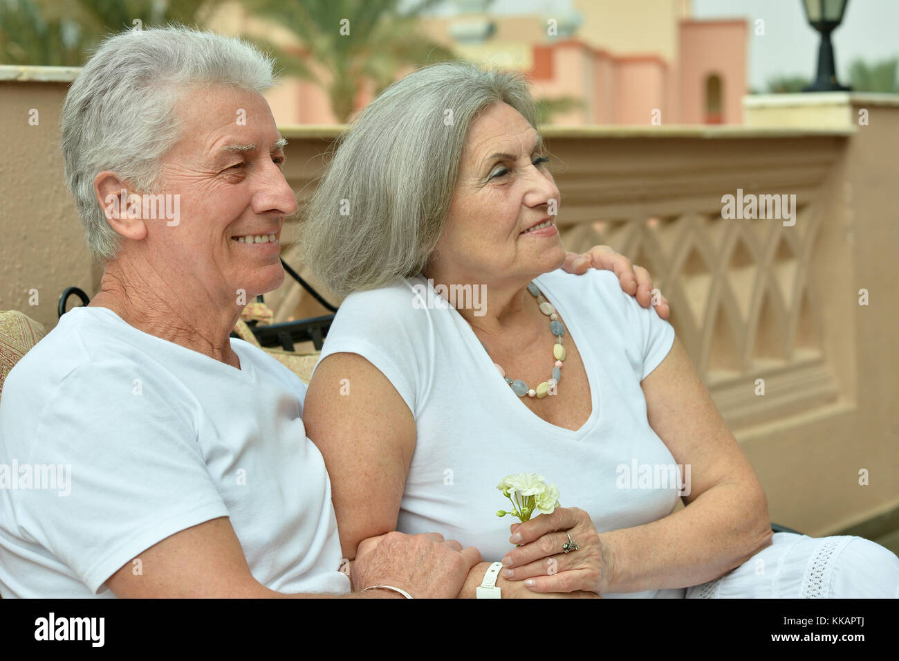 Cute happy senior couple outdoors Stock Photo