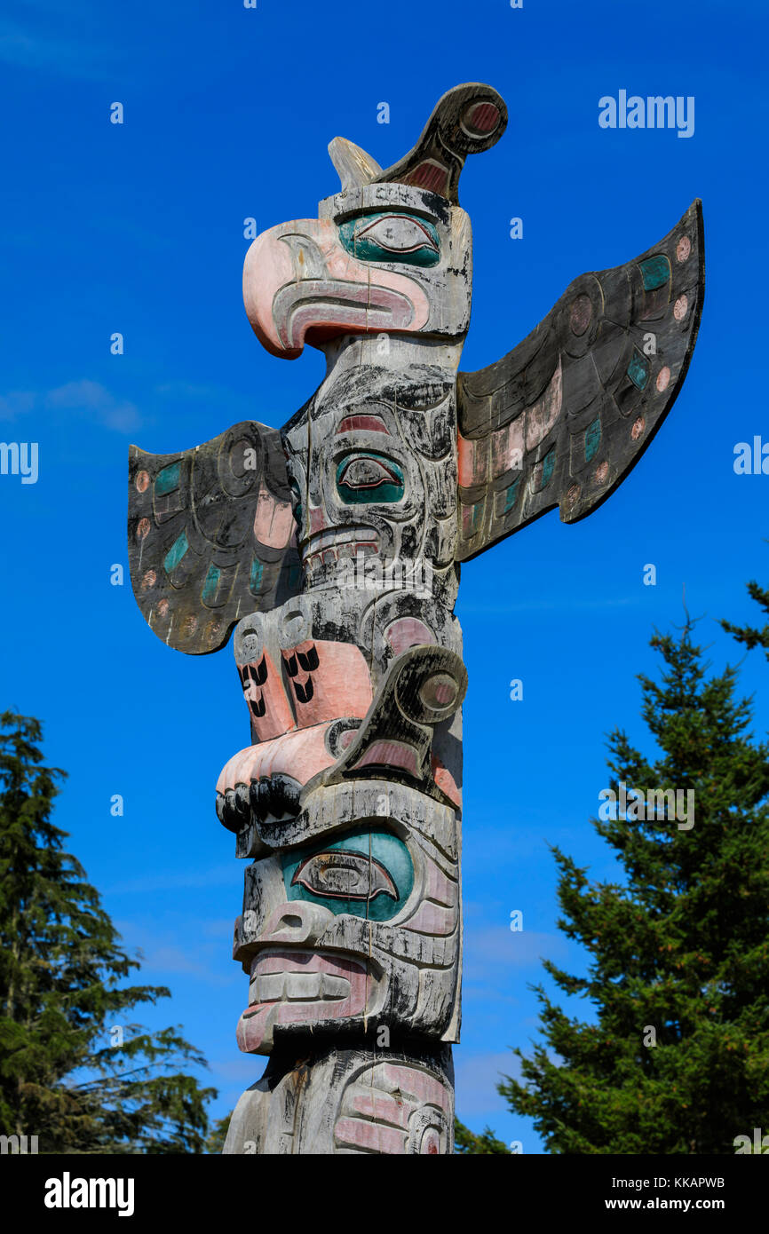 First Nation Totem Pole, Original Namgis Burial Grounds, Alert Bay, Cormorant Island, Inside Passage, British Columbia, Canada, North America Stock Photo