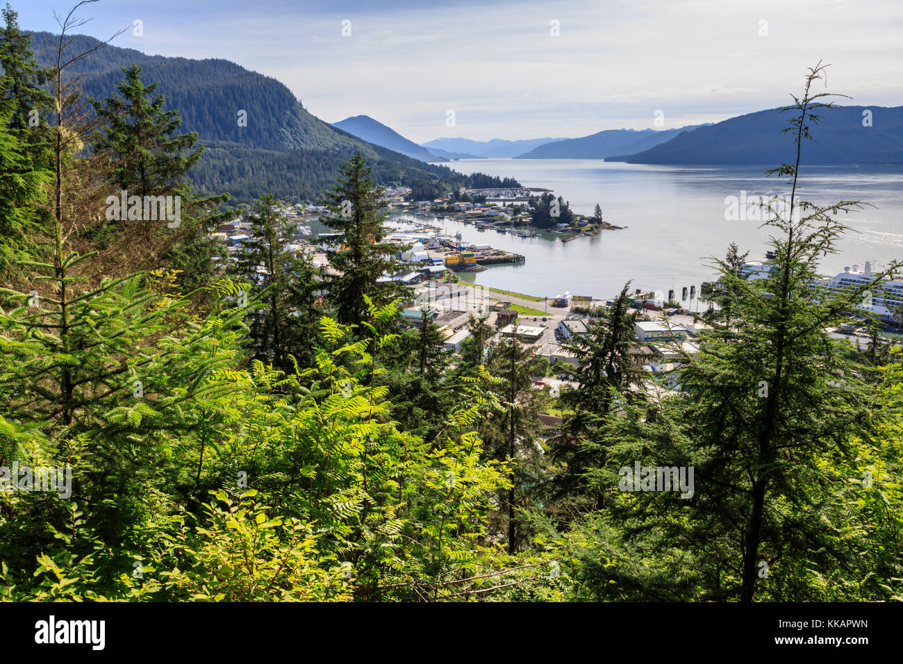 Stunning view, Wrangell and landscape from Mount Dewey trail lookout, Wrangell, pioneer port and fishing community, Alaska, USA North America Stock Photo