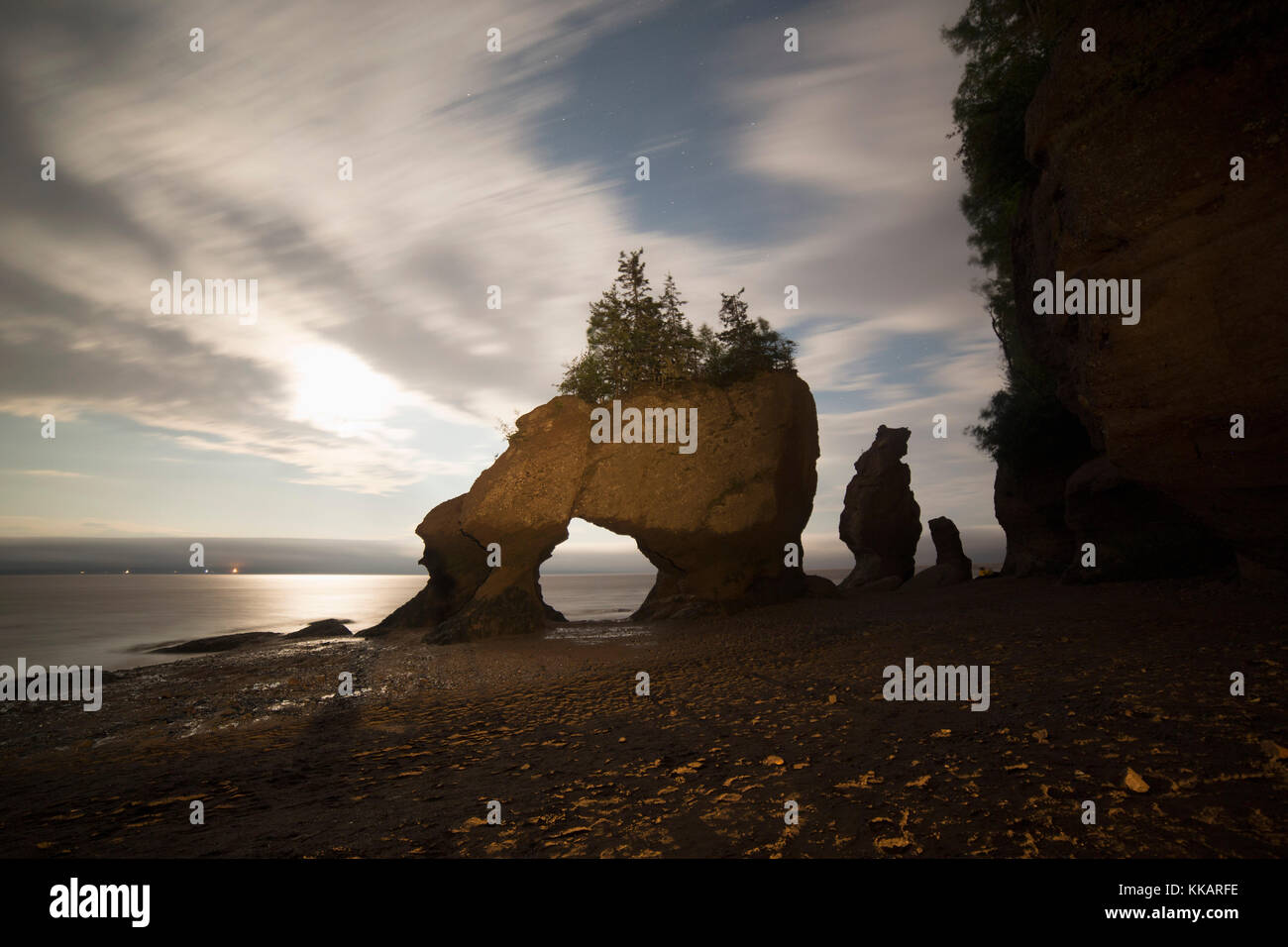 Hopewell Rocks, the flowerpot rocks, on the Bay of Fundy, scene of the world's highest tides, at night in New Brunswick, Canada, North America Stock Photo