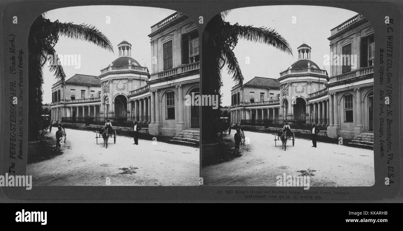 King's House and Rodney statue, Spanish Town, Jamaica, 1904. From the New York Public Library. Stock Photo