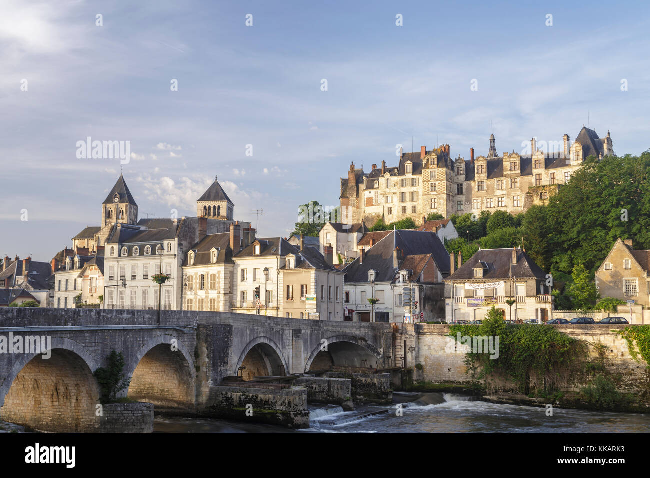 The village of Saint Aignan reflecting in the River Cher, Loir et Cher, Centre, France, Europe Stock Photo