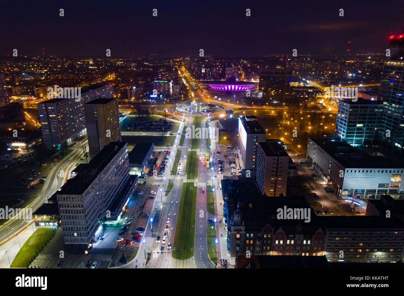 Aerial drone view of Katowice at night. Silesia, Poland Stock Photo - Alamy