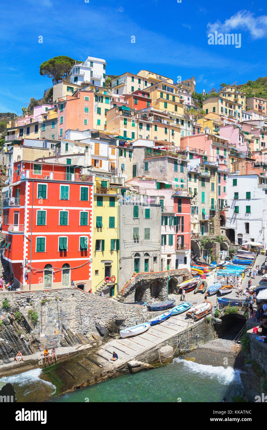 The colorful sea village of Riomaggiore, Cinque Terre, UNESCO World Heritage Site, Liguria, Italy, Europe Stock Photo