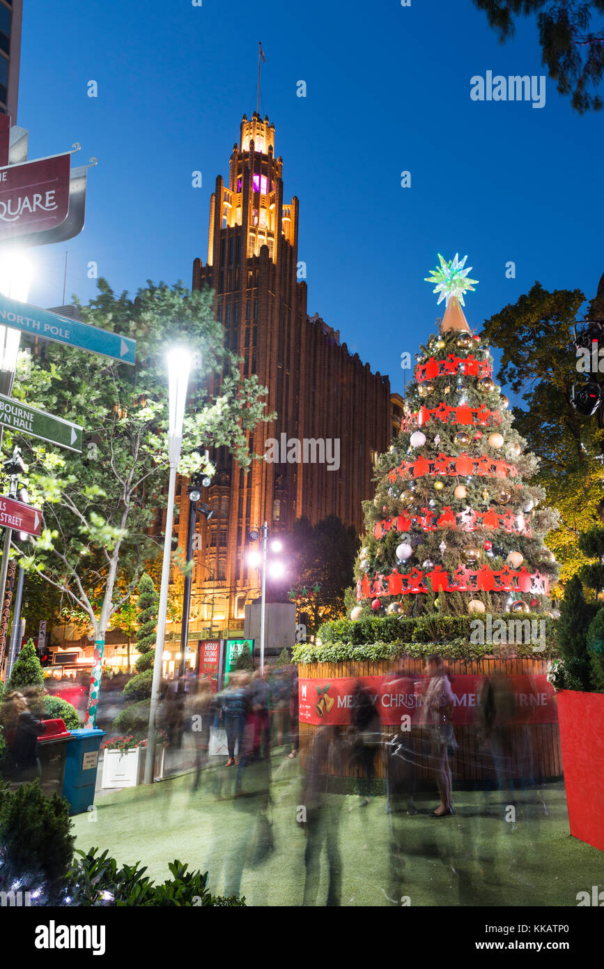 Christmas tree and decorations with Manchester Unity Building at City