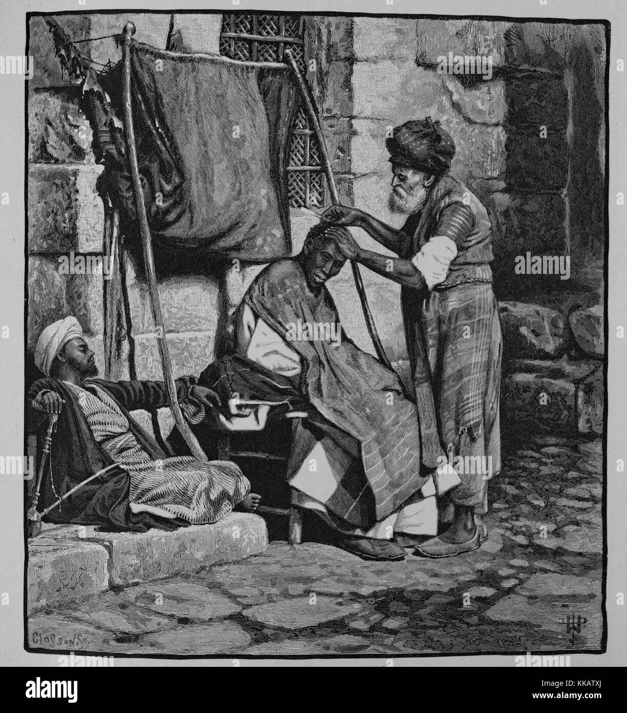 Wood engraving depicting a mature man tending to the hair of a man that is sitting, a third man is sitting on the ground next to them, holding a hookah, captioned 'A street barber's stall, with a ragged canopy ready for use as protection from sun or rain, The street barber is only employed by those who are too poor to go to the commodious barbers' shops', from the book Picturesque Palestine, Sinai, and Egypt, by Sir Charles William Wilson, 1882. From the New York Public Library. Stock Photo