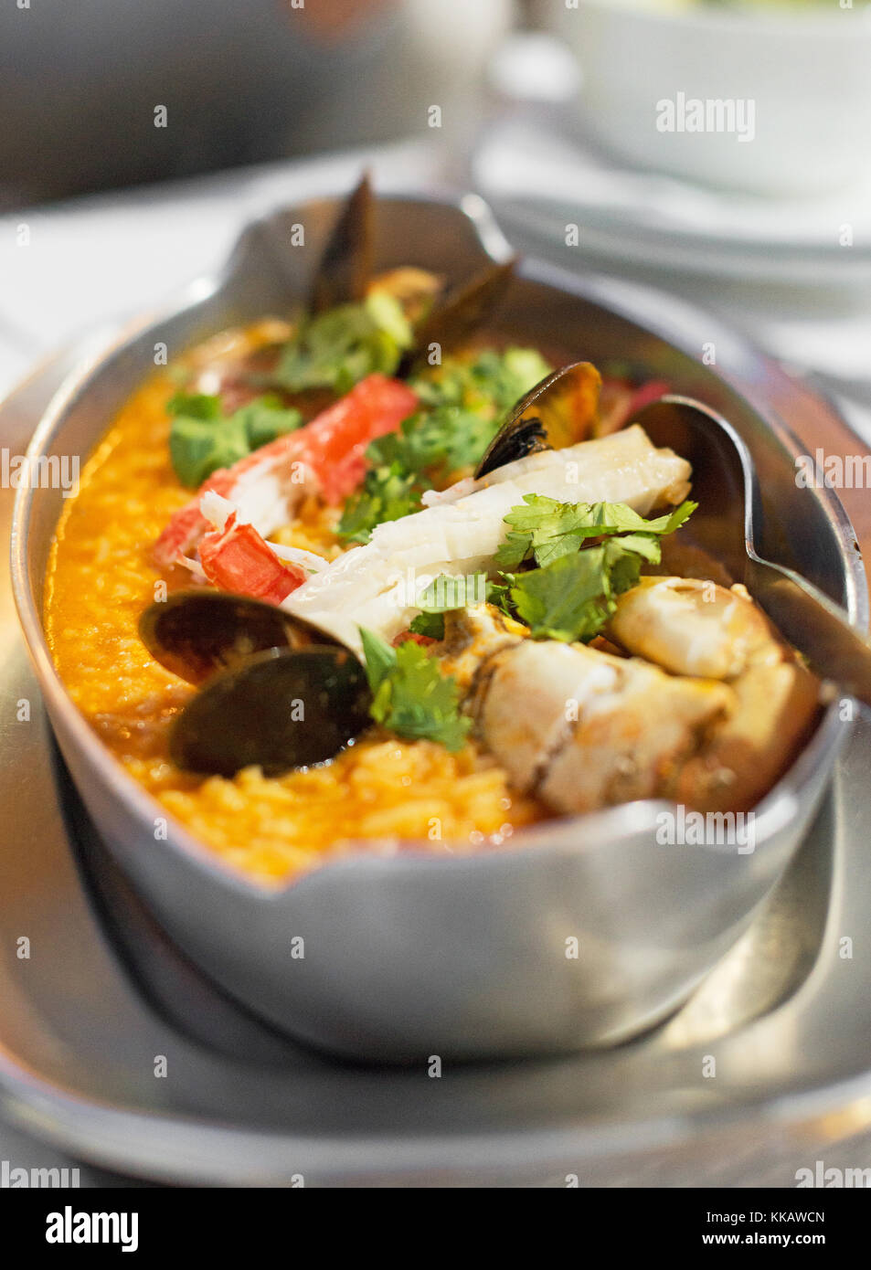 Rice paella with seafood. Arroz con mariscos. Stock Photo