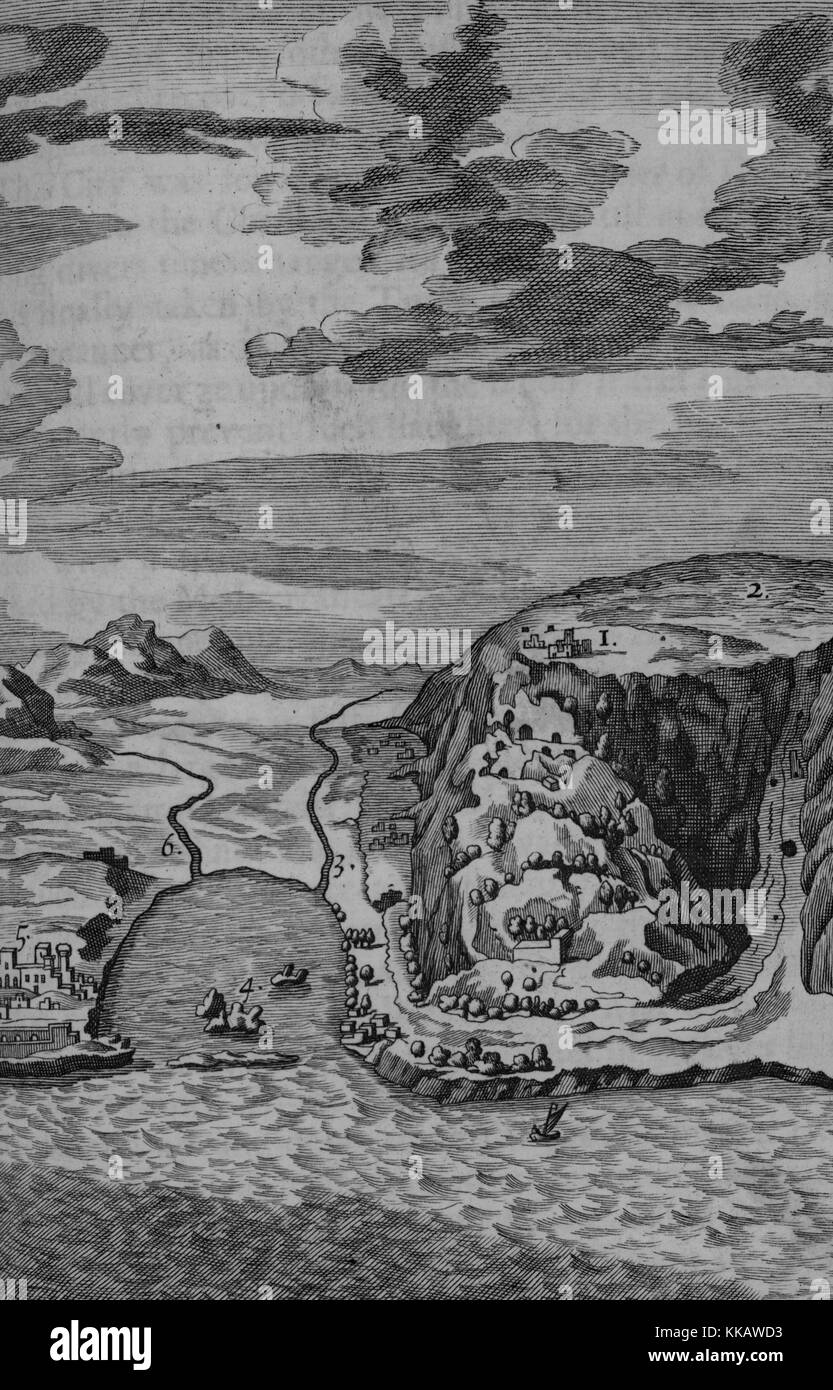 An engraving that contains a numbered list of features surrounding Mount Caramel, 1 - Monastery of the Carmelites, 2 - Where Elias offered his sacrifice, 3 - The river Kishon, 4 - The have of St. John d'Acre, 5 - Town of St. Jon d'Acre, 6 - the River Belus,  the current site of Acre, Israel, 1707. From the New York Public Library. Stock Photo