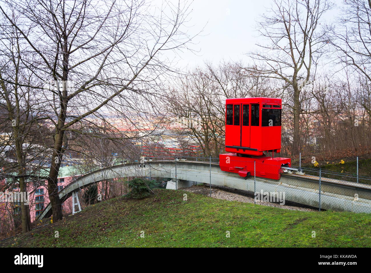 Red funicular to Mrazovka park in Prague, Czech Republic Stock Photo